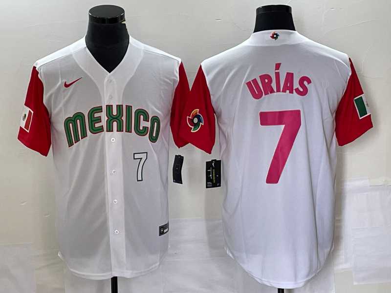 Mens Mexico Baseball #7 Julio Urias Number 2023 White Red World Classic Stitched Jersey25